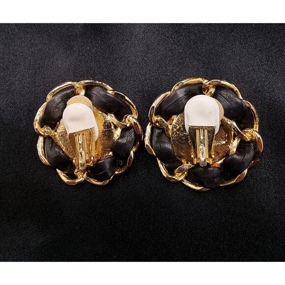 Rare Find Vintage 1990's Ellen Design Gold & Black Leather Clip-On Earrings - Picture 5 of 5